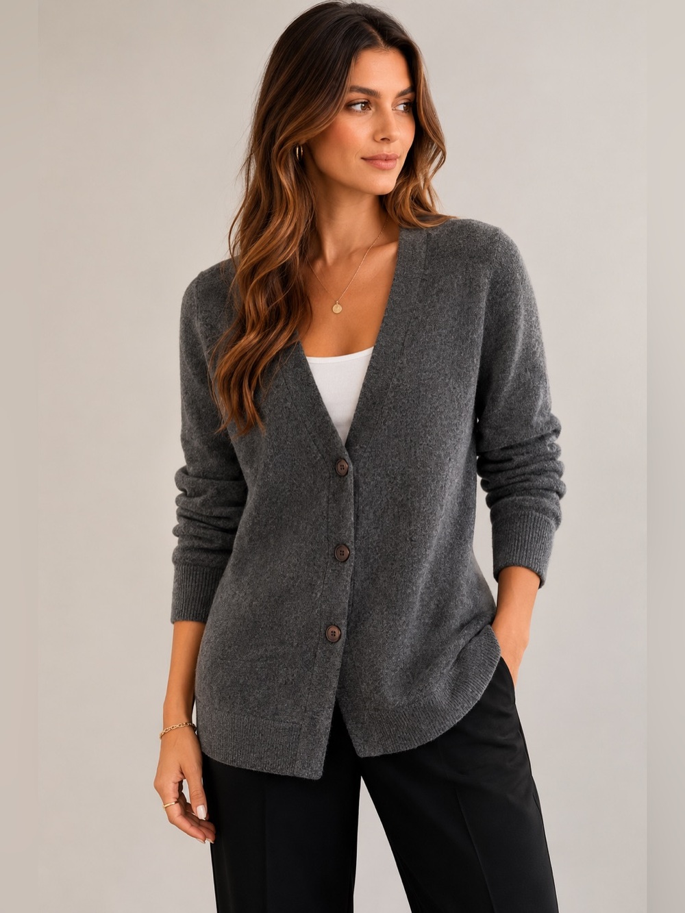 100% Cashmere Cardigan Womens Medium V Neck Classic Sweater Quiet Luxury Capsule